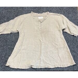Sweet Tunic Women OS Beige Linen Ruffle Henley Top Lagenlook Coastal Grandma
